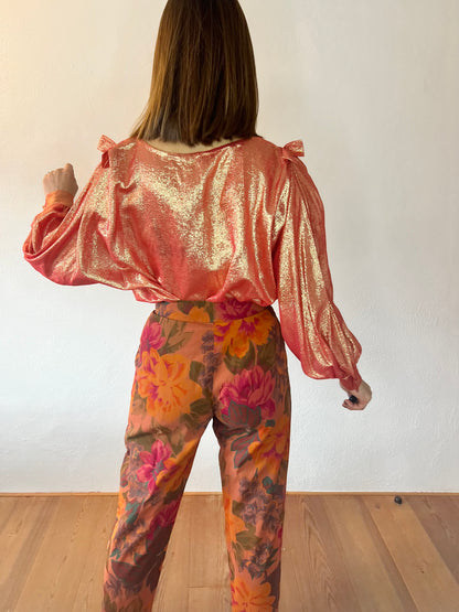 1970's vintage coral and cold metallic blouse with bow details