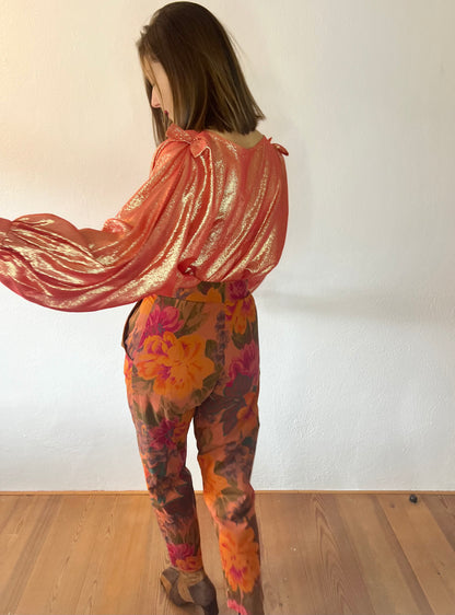 1970's vintage coral and cold metallic blouse with bow details