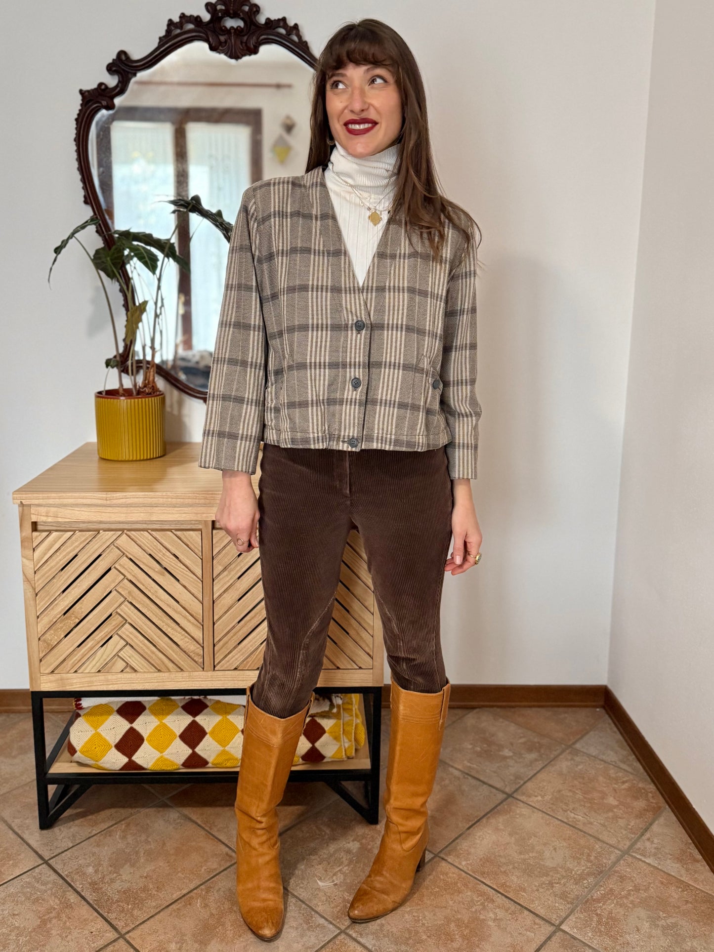 1970's vintage brown and cream plaid cropped blazer