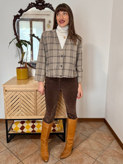 1970's vintage brown and cream plaid cropped blazer