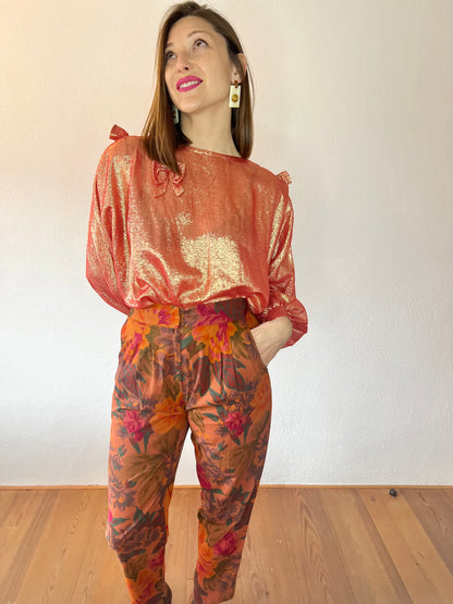 1970's vintage coral and cold metallic blouse with bow details