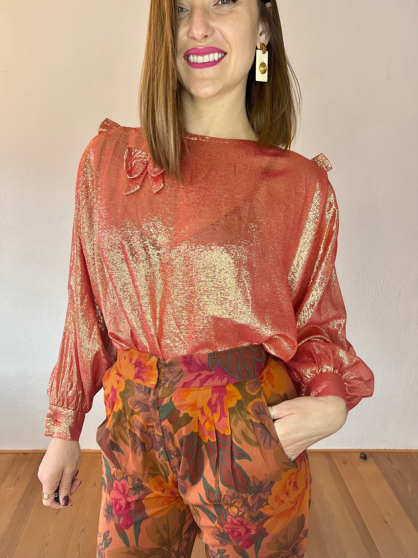 1970's vintage coral and cold metallic blouse with bow details