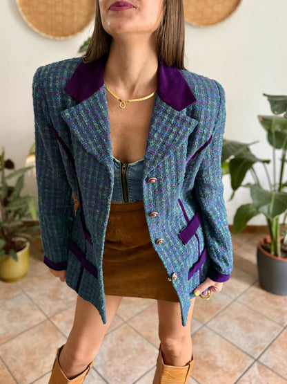 1970's vintage wool blend turquoise and purple plaid boucle blazer