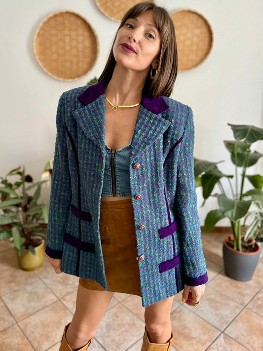 1970's vintage wool blend turquoise and purple plaid boucle blazer