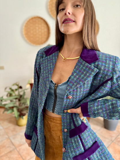 1970's vintage wool blend turquoise and purple plaid boucle blazer