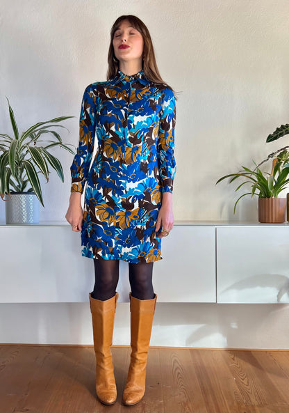 1970's vintage blue and tan mod floral mini dress