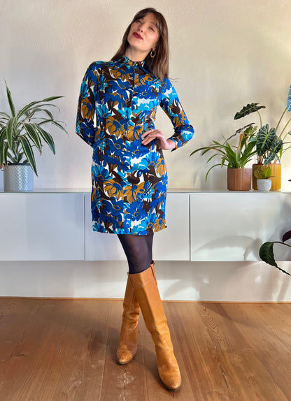 1970's vintage blue and tan mod floral mini dress