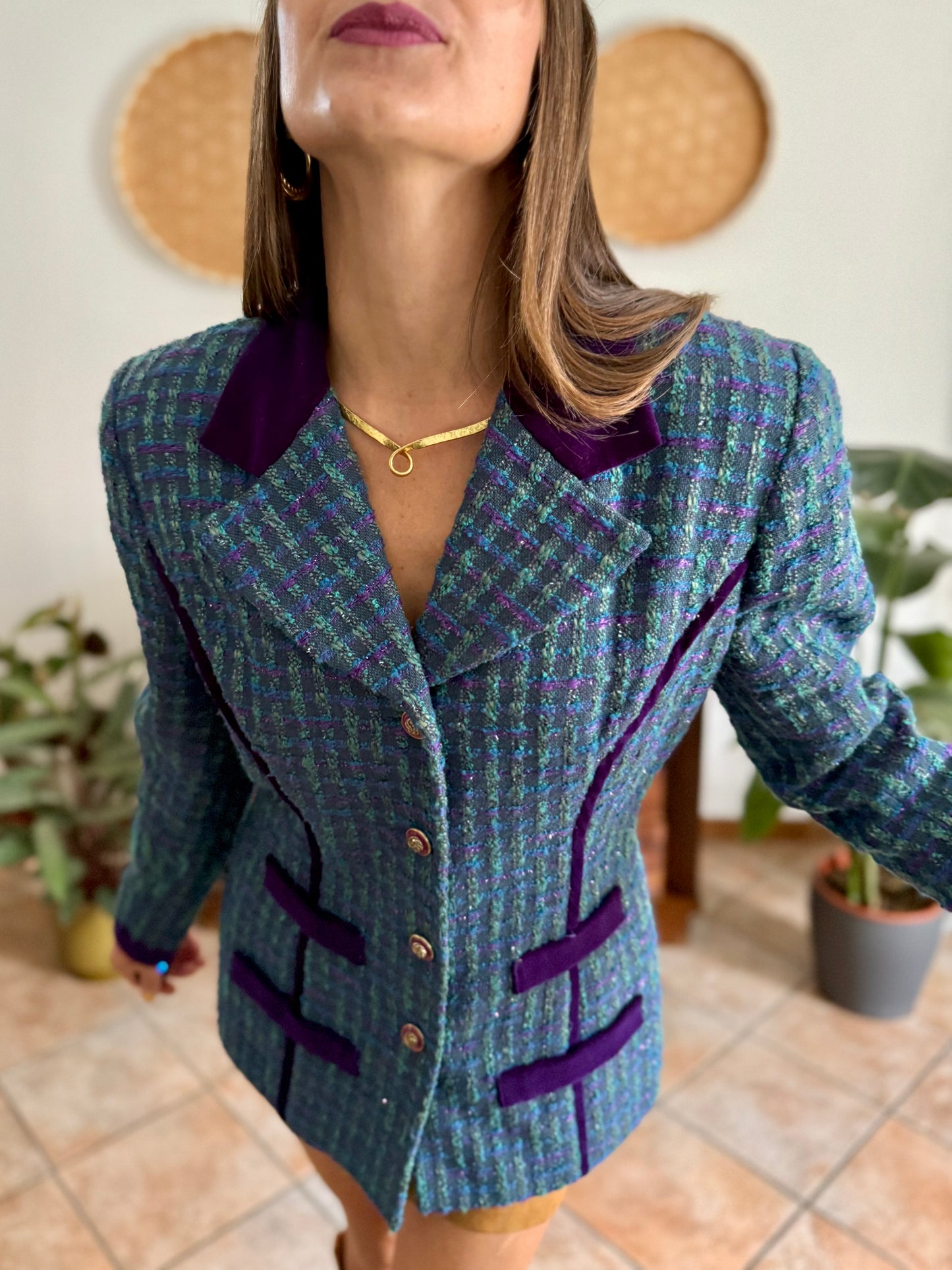 1970's vintage wool blend turquoise and purple plaid boucle blazer