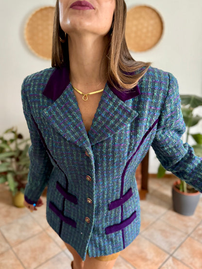 1970's vintage wool blend turquoise and purple plaid boucle blazer