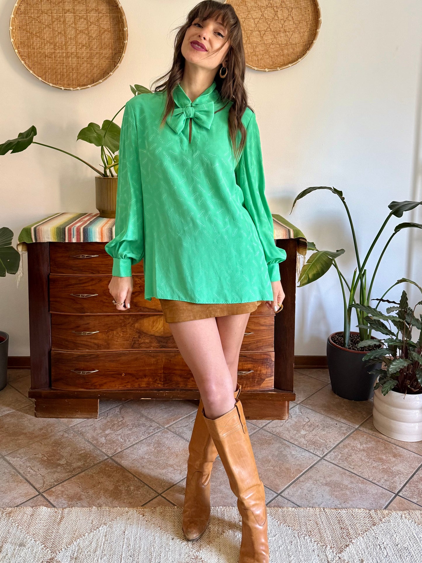 1970's vintage green silk Missoni blouse with logo and bow detailing