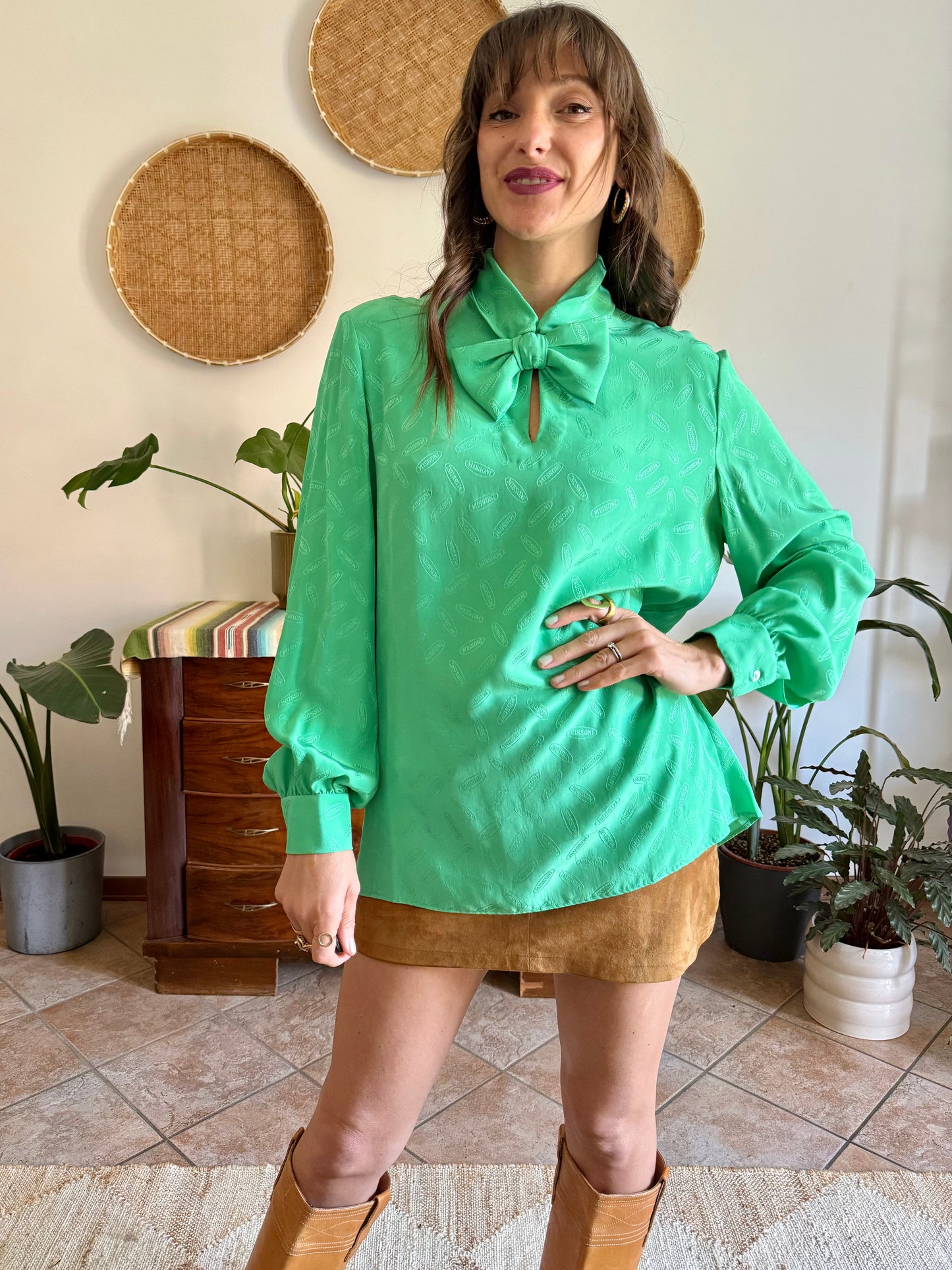 1970's vintage green silk Missoni blouse with logo and bow detailing