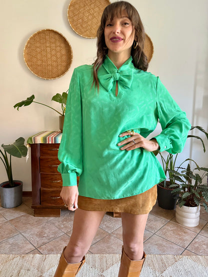1970's vintage green silk Missoni blouse with logo and bow detailing