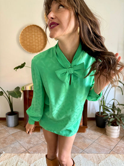 1970's vintage green silk Missoni blouse with logo and bow detailing