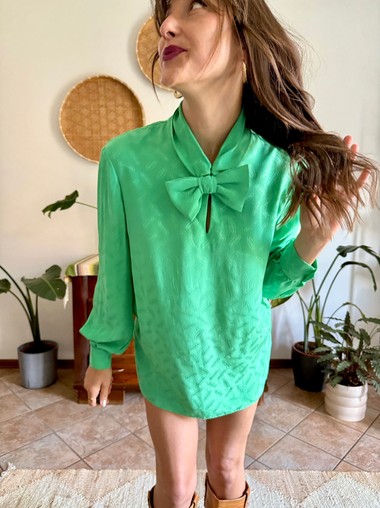 1970's vintage green silk Missoni blouse with logo and bow detailing