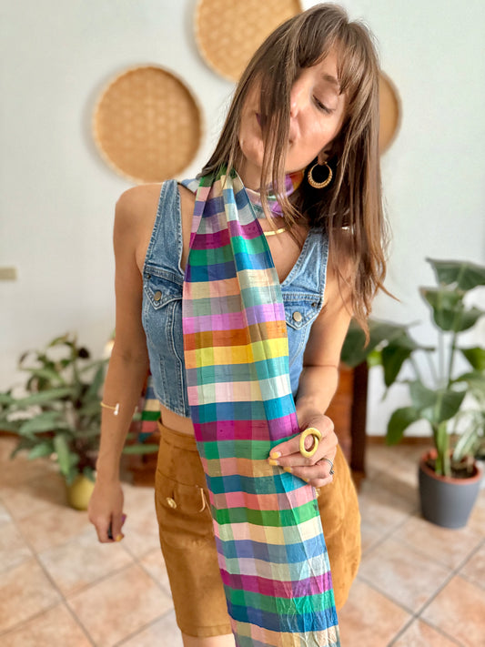 1970's vintage multicolor plaid silk scarf