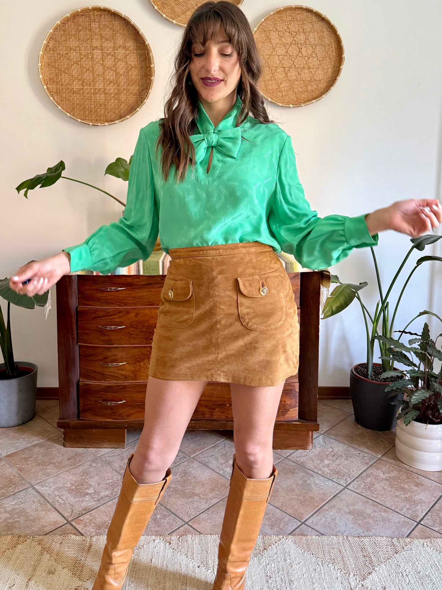 1970's vintage green silk Missoni blouse with logo and bow detailing