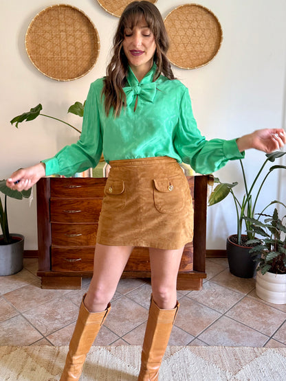 1970's vintage green silk Missoni blouse with logo and bow detailing