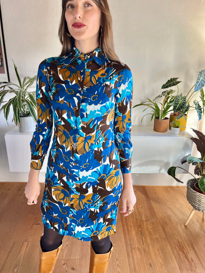 1970's vintage blue and tan mod floral mini dress