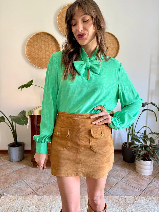 1970's vintage green silk Missoni blouse with logo and bow detailing