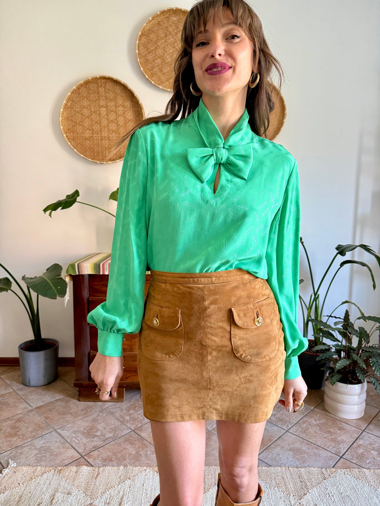 1970's vintage green silk Missoni blouse with logo and bow detailing