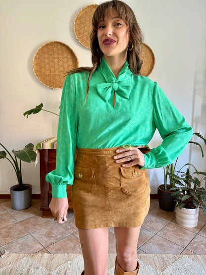 1970's vintage green silk Missoni blouse with logo and bow detailing