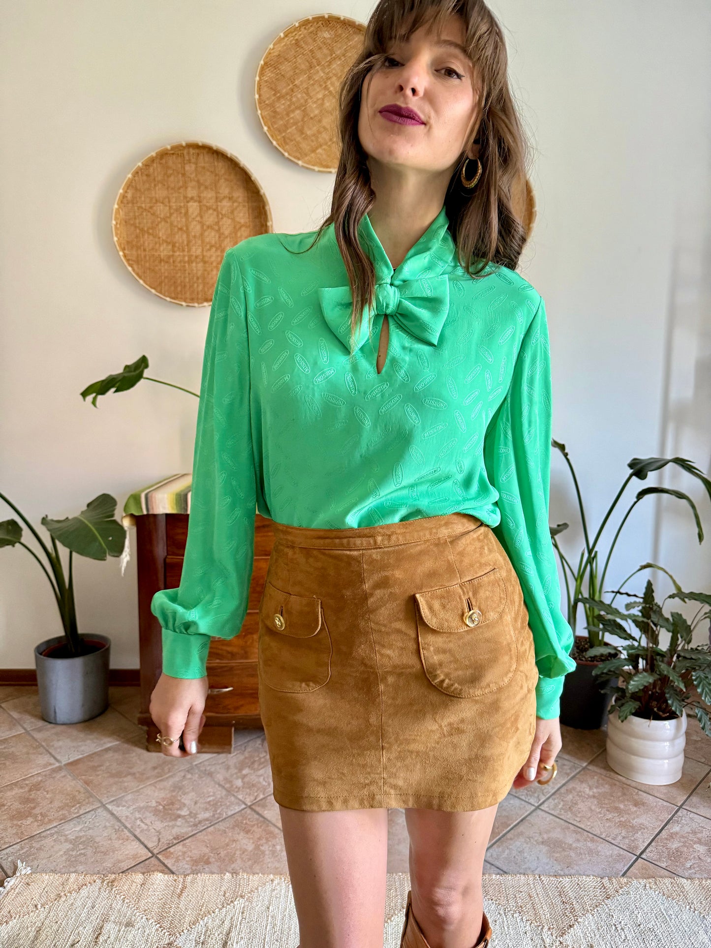 1970's vintage green silk Missoni blouse with logo and bow detailing