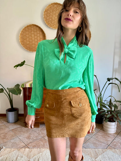1970's vintage green silk Missoni blouse with logo and bow detailing
