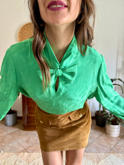 1970's vintage green silk Missoni blouse with logo and bow detailing