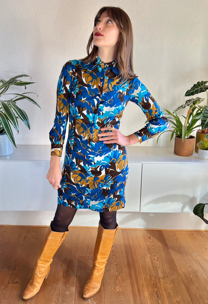 1970's vintage blue and tan mod floral mini dress