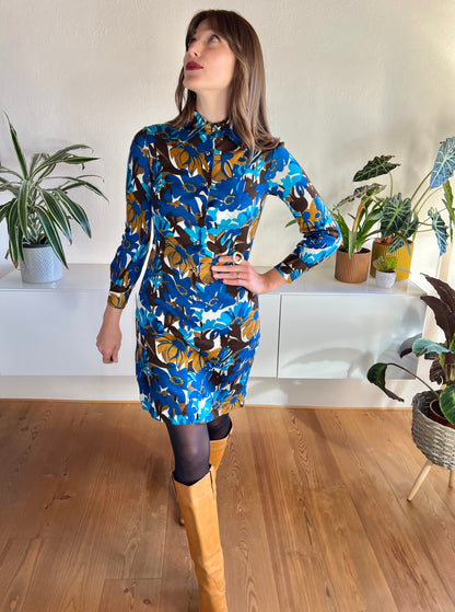 1970's vintage blue and tan mod floral mini dress