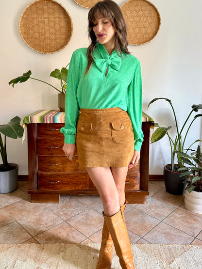 1970's vintage green silk Missoni blouse with logo and bow detailing