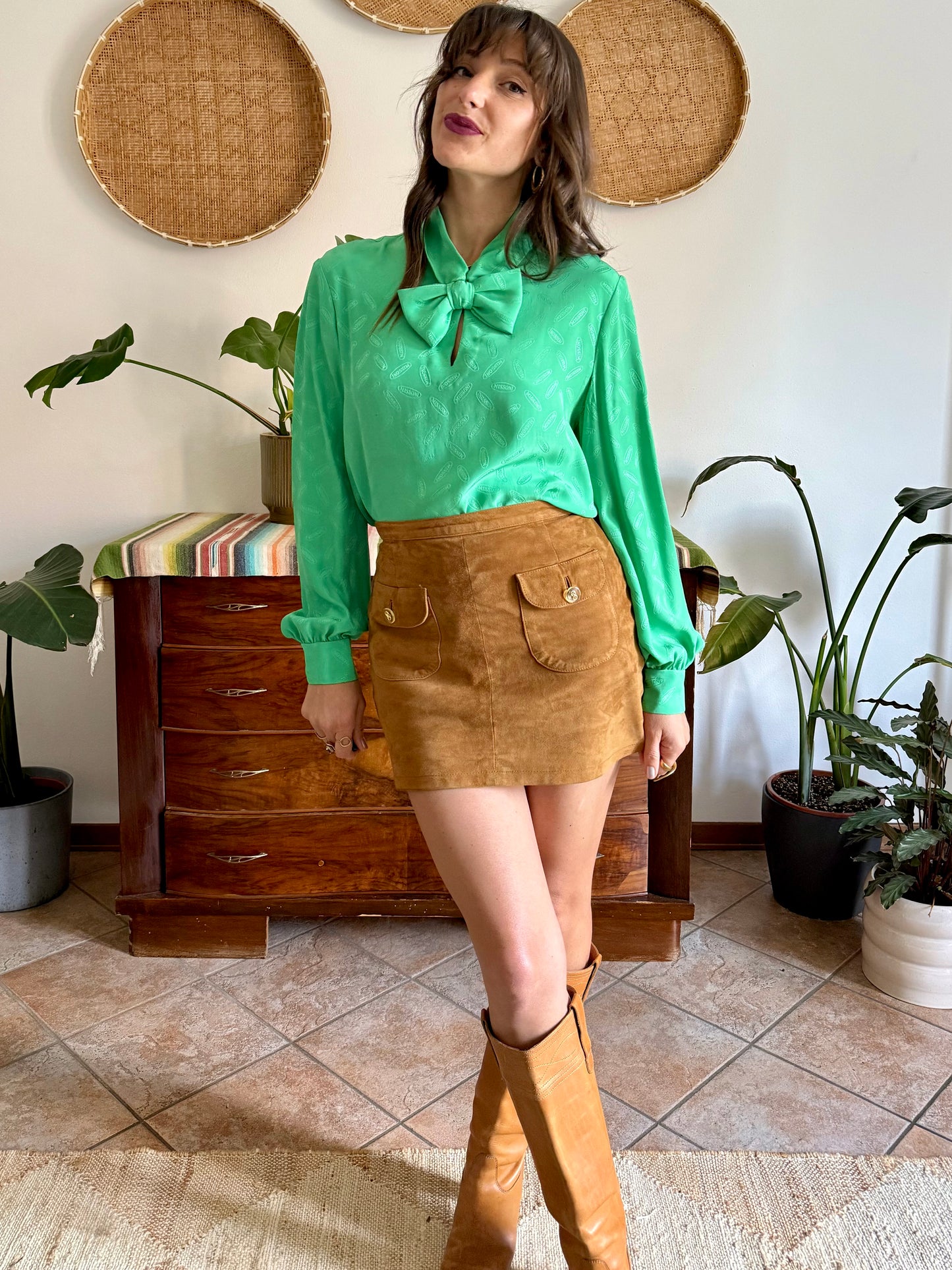 1970's vintage green silk Missoni blouse with logo and bow detailing