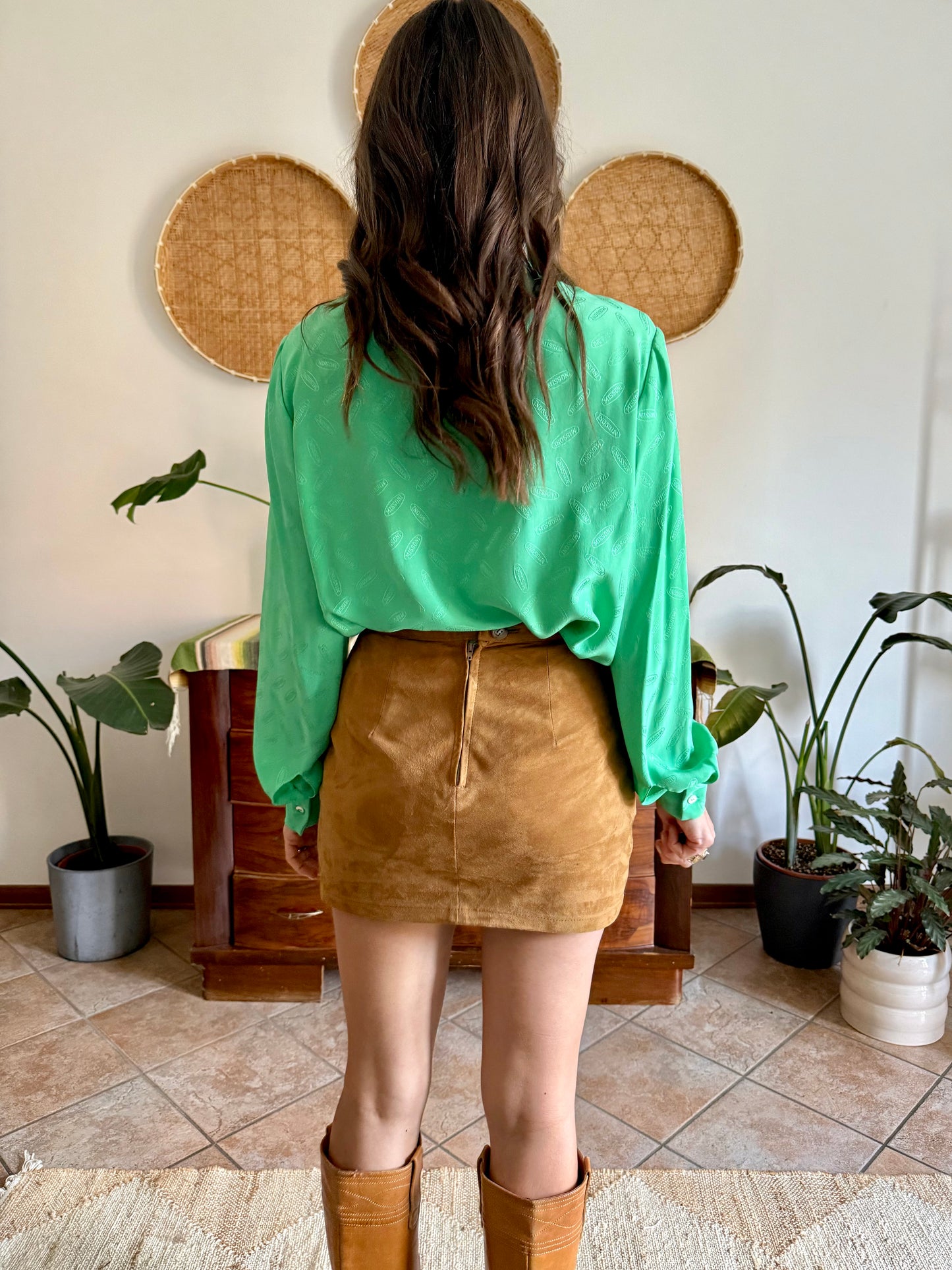 1970's vintage green silk Missoni blouse with logo and bow detailing