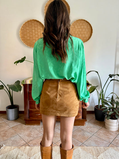 1970's vintage green silk Missoni blouse with logo and bow detailing