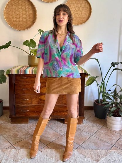 1970's vintage purple, teal and fuchsia abstract print blouse
