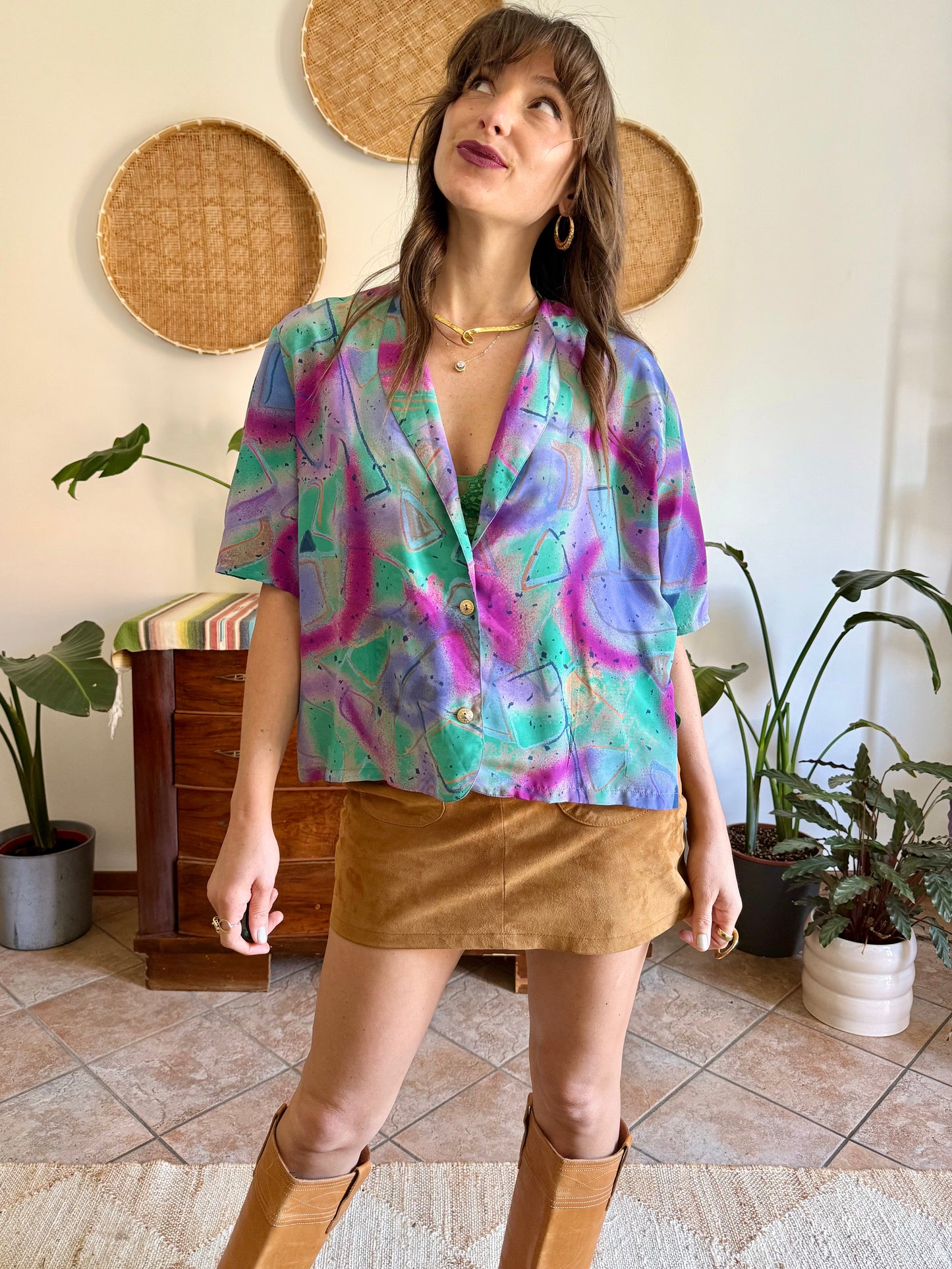 1970's vintage purple, teal and fuchsia abstract print blouse