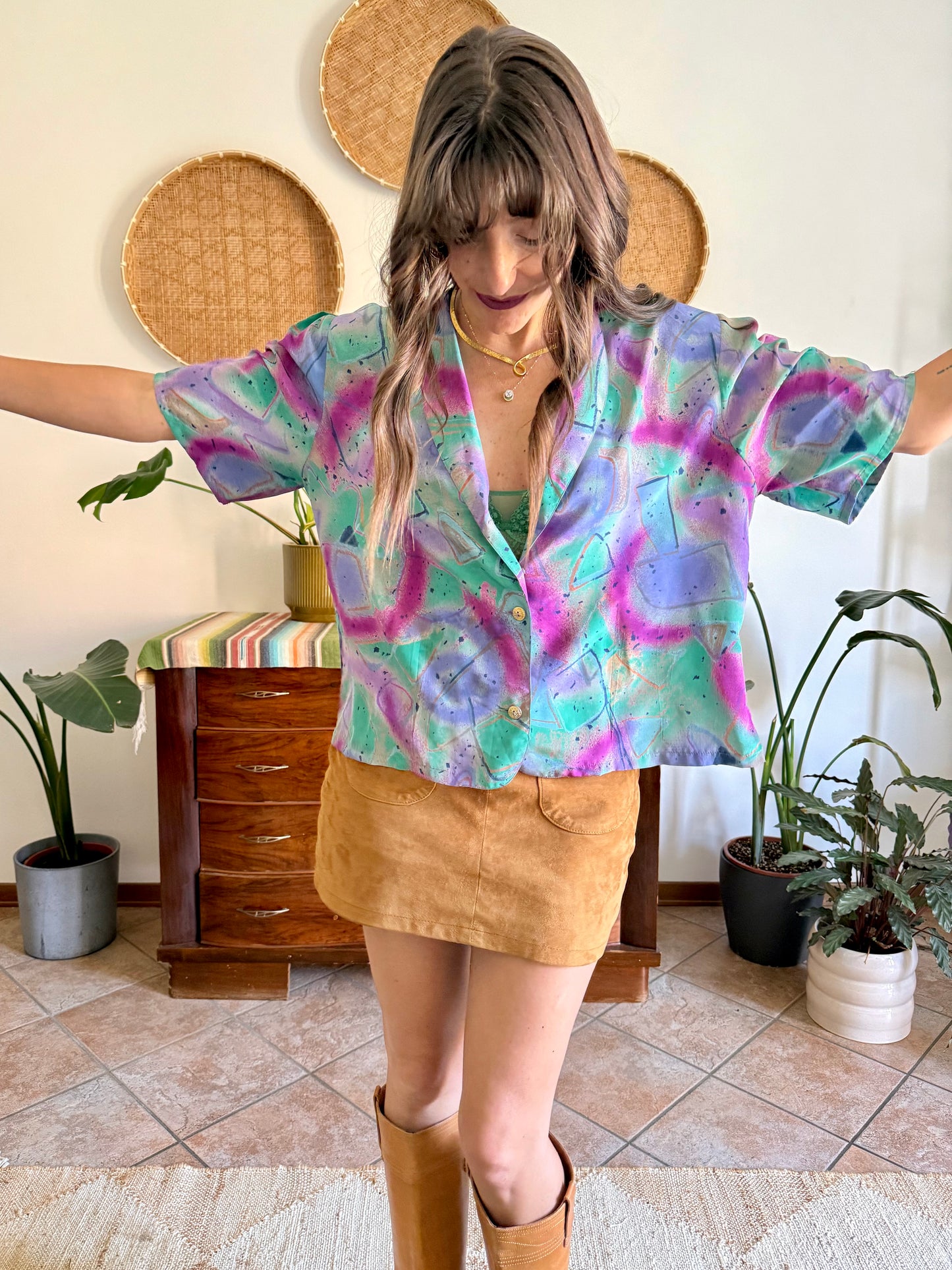 1970's vintage purple, teal and fuchsia abstract print blouse