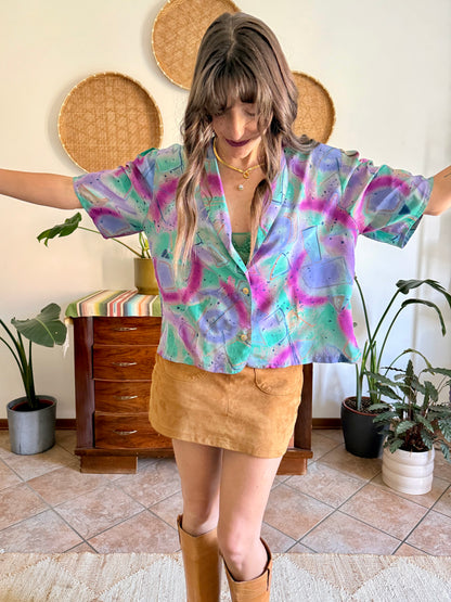 1970's vintage purple, teal and fuchsia abstract print blouse