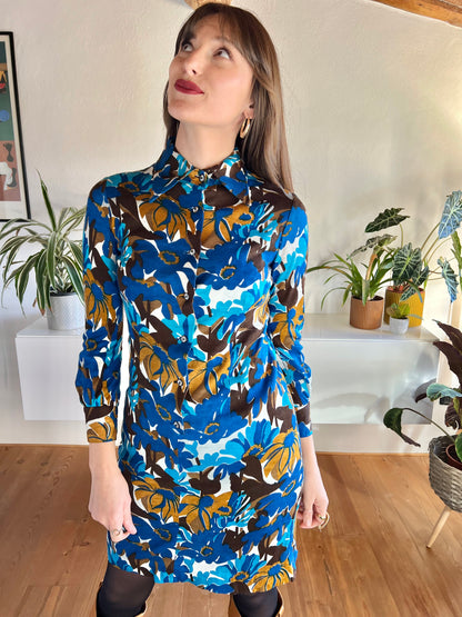 1970's vintage blue and tan mod floral mini dress