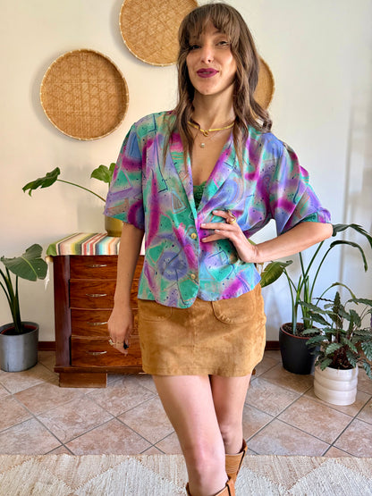 1970's vintage purple, teal and fuchsia abstract print blouse