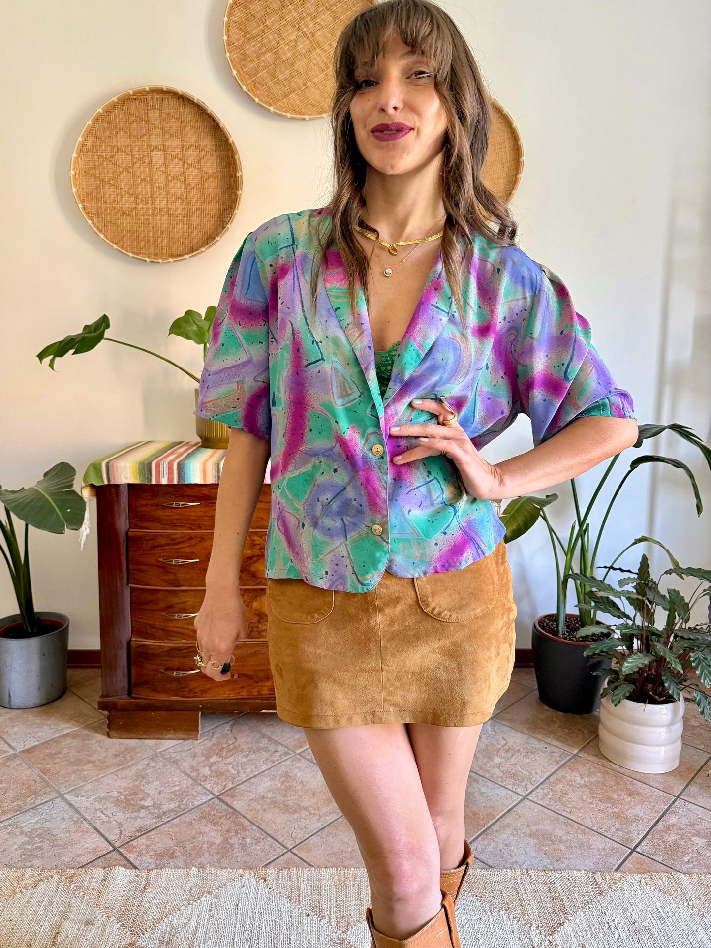 1970's vintage purple, teal and fuchsia abstract print blouse