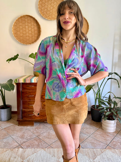 1970's vintage purple, teal and fuchsia abstract print blouse