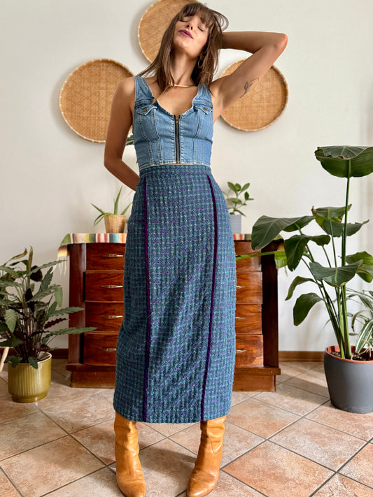 1970's vintage wool blend turquoise and purple plaid maxi skirt with purple velvet details