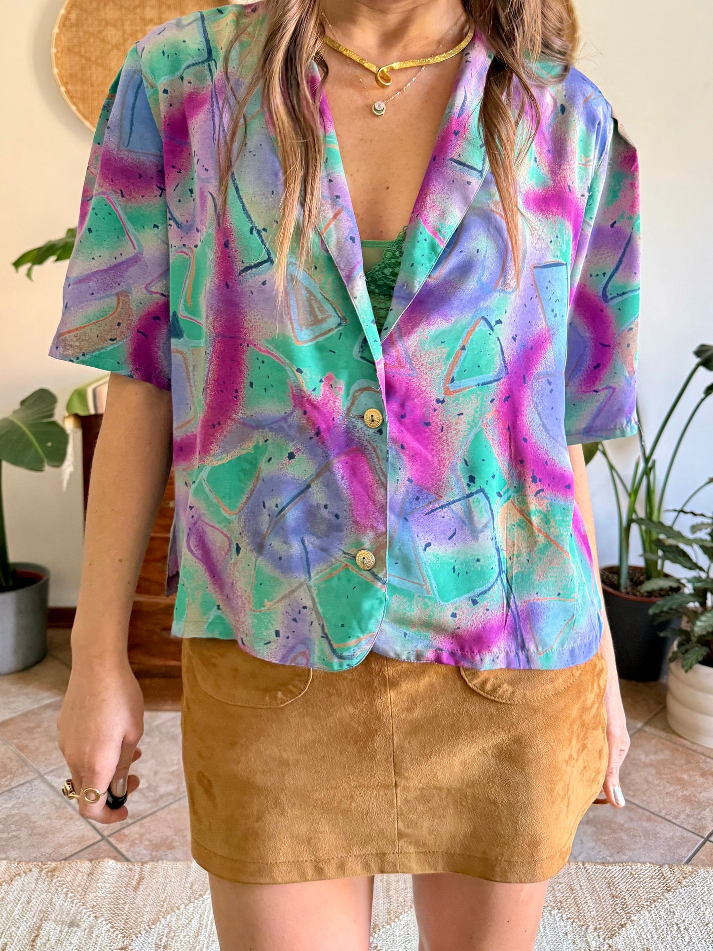 1970's vintage purple, teal and fuchsia abstract print blouse