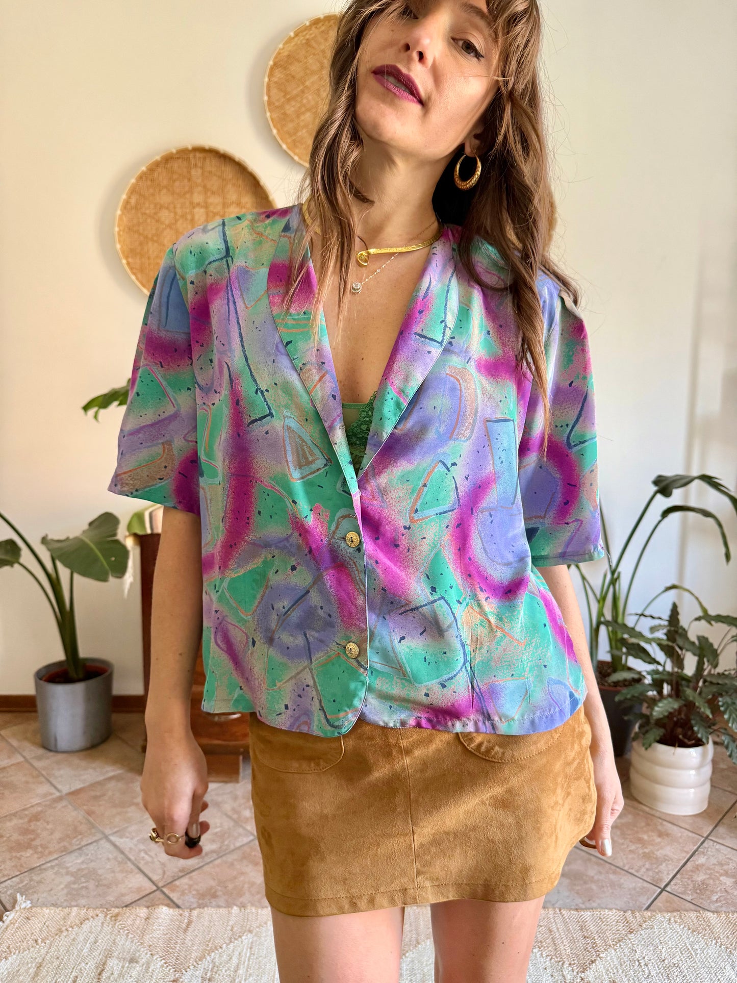 1970's vintage purple, teal and fuchsia abstract print blouse