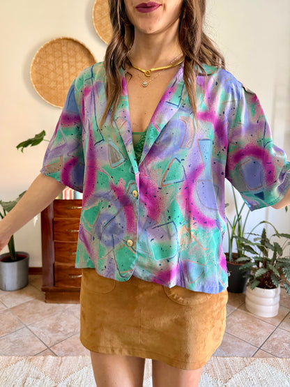 1970's vintage purple, teal and fuchsia abstract print blouse