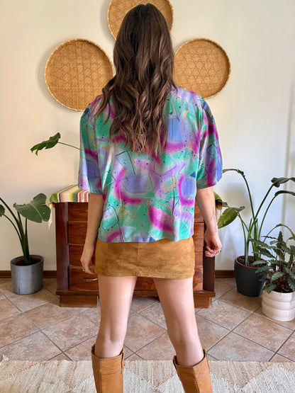 1970's vintage purple, teal and fuchsia abstract print blouse