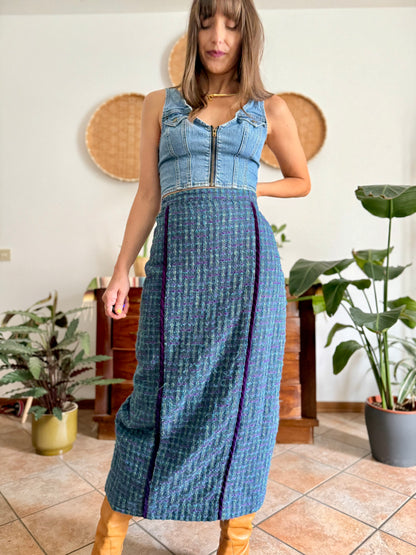 1970's vintage wool blend turquoise and purple plaid maxi skirt with purple velvet details
