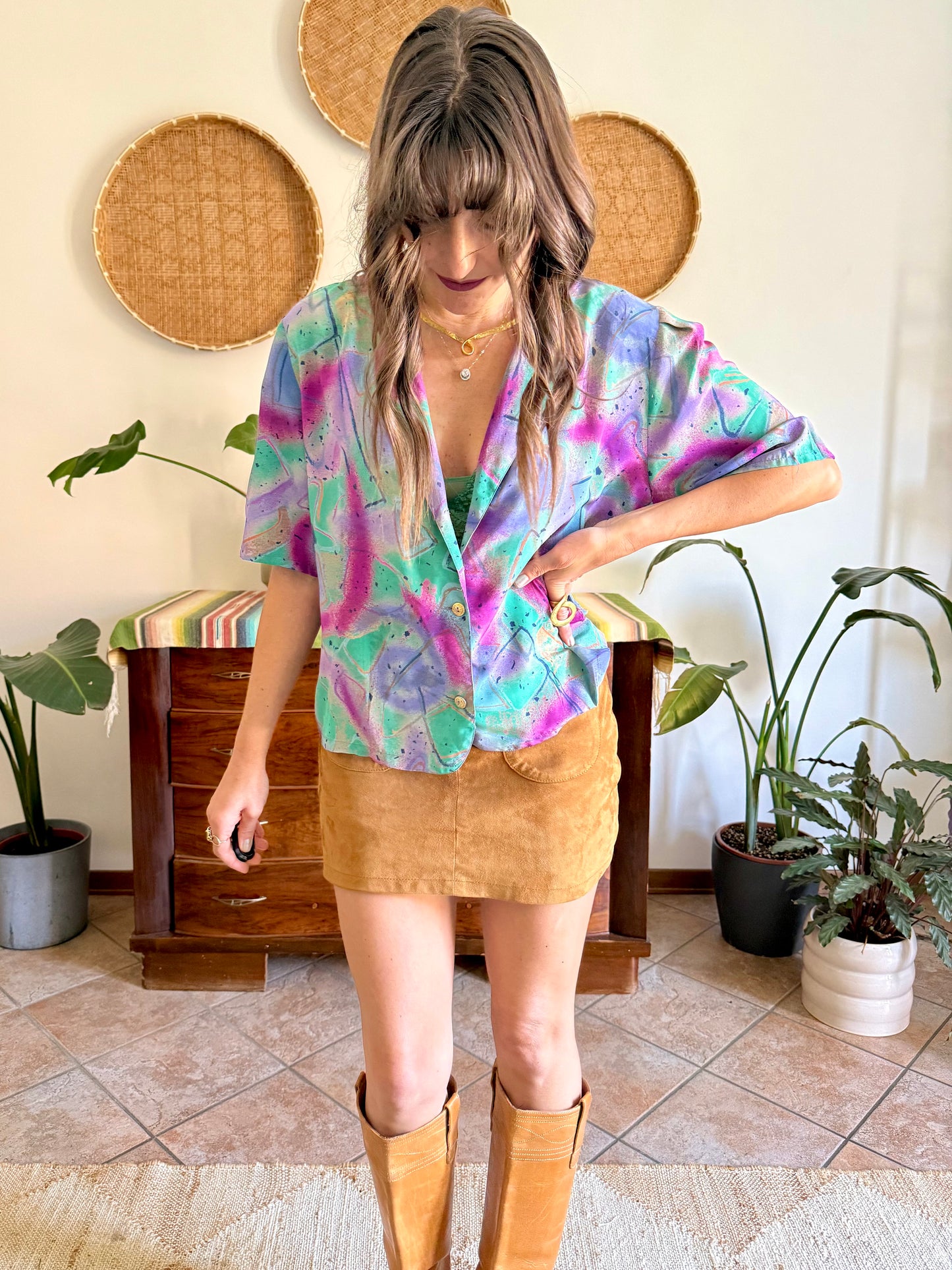 1970's vintage purple, teal and fuchsia abstract print blouse