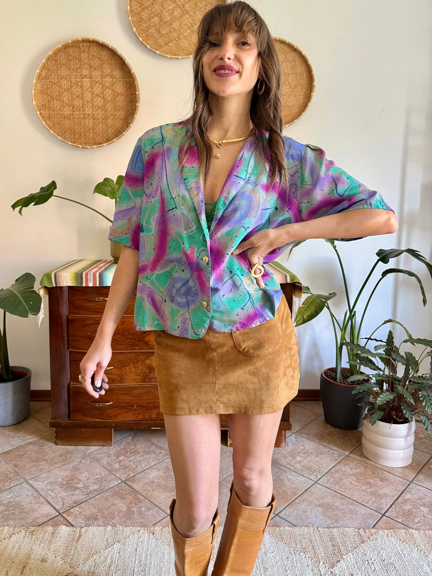 1970's vintage purple, teal and fuchsia abstract print blouse